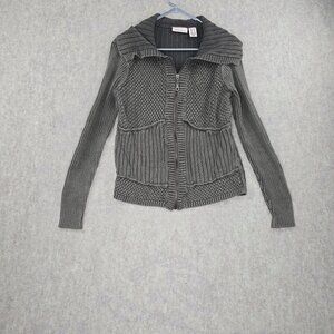 DKNY Jeans Womens XL Gray Full Zip Knit Sweater With Collar Ramie & Cotton Blend